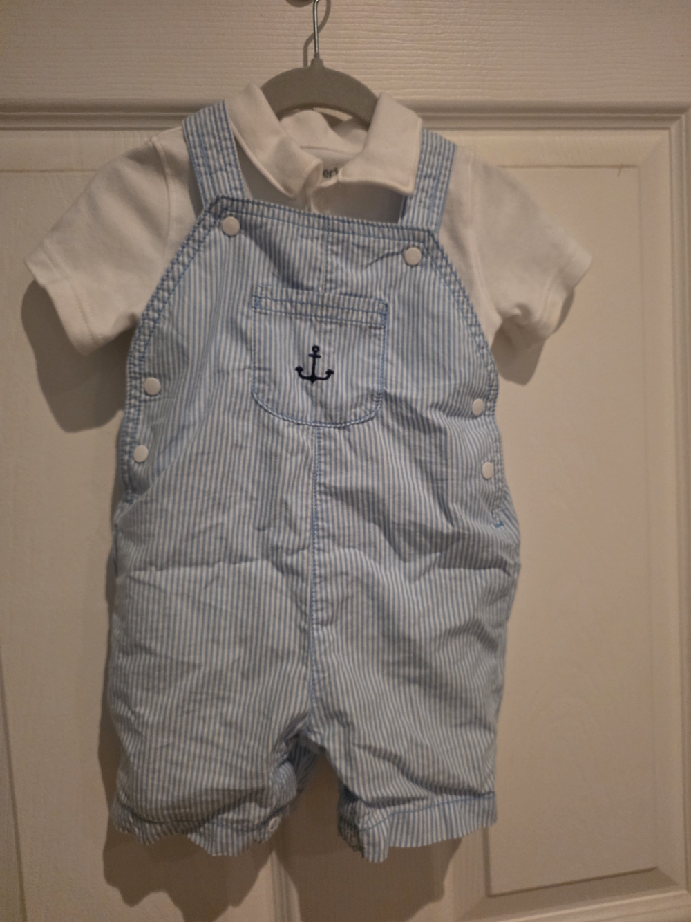 Carter's Light Blue & White Striped Anchor Shortalls